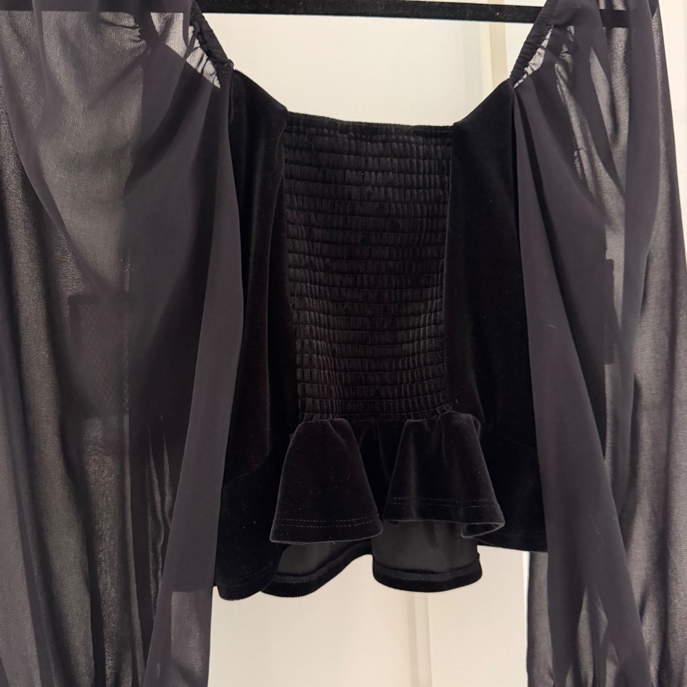 Band of the Free Black Velvet Sheer Mesh Sleeve Smocked Top M Romantoc - Picture 5 of 5